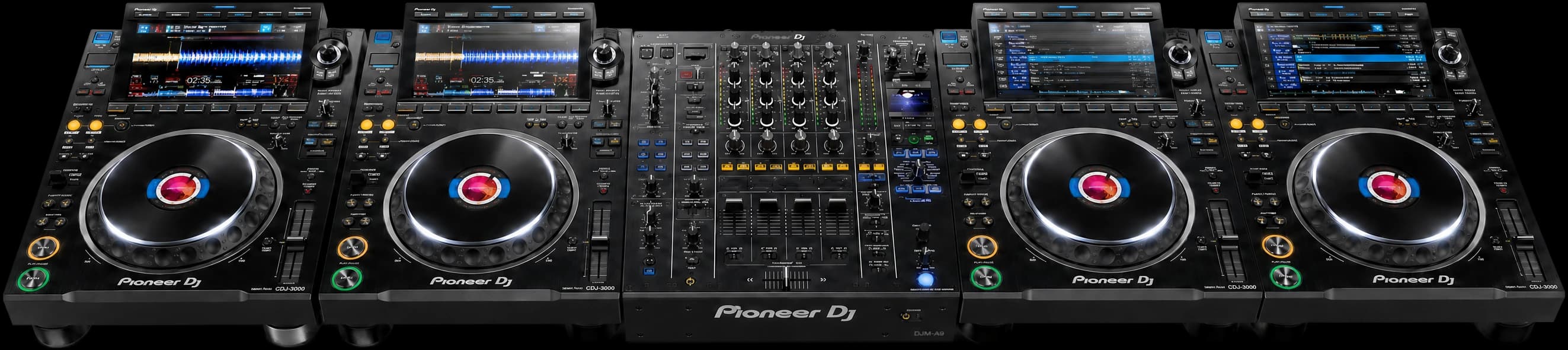 Four Pioneer CDJ-3000 media players either side of a Pioneer DJM-A9 mixer — the DJ GEAR LK club rig